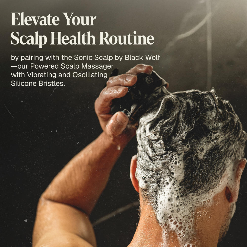 Black Wolf mens shampoo grooming ritual imagery underscores oil control and hydration.