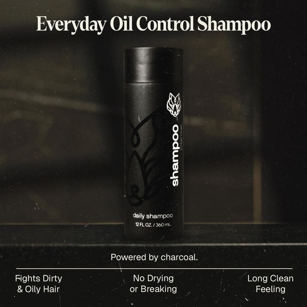 Black Wolf mens shampoo pour action highlights charcoal-infused formula for deep cleansing.