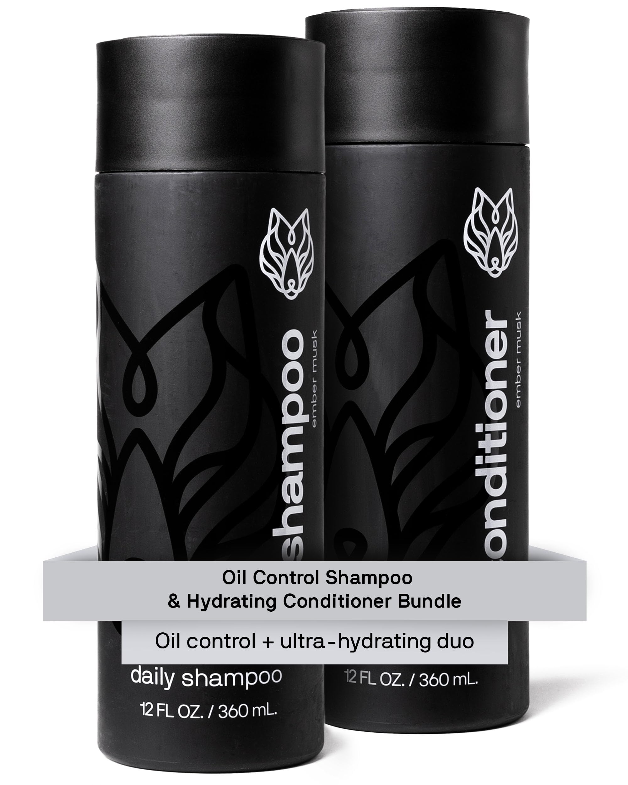 Black Wolf oil-control shampoo bottle demonstrates oil removal for fresher hair.