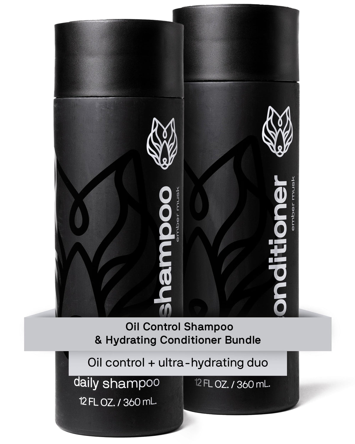 Black Wolf oil-control shampoo bottle demonstrates oil removal for fresher hair.