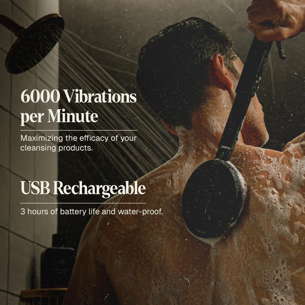 Black Wolf rechargeable scrubber with USB charging supports long, cordless shower sessions.