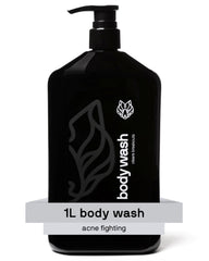 Black Wolf salicylic-acid body wash bottle 1L for deep cleansing and breakout prevention.