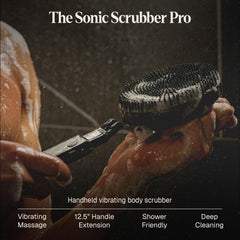 Black Wolf vibrating loofah close-up showing soft silicone bristles for deep cleaning.