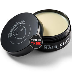 BlackMask Hair Clay bottle shows sleek packaging for easy styling prep.