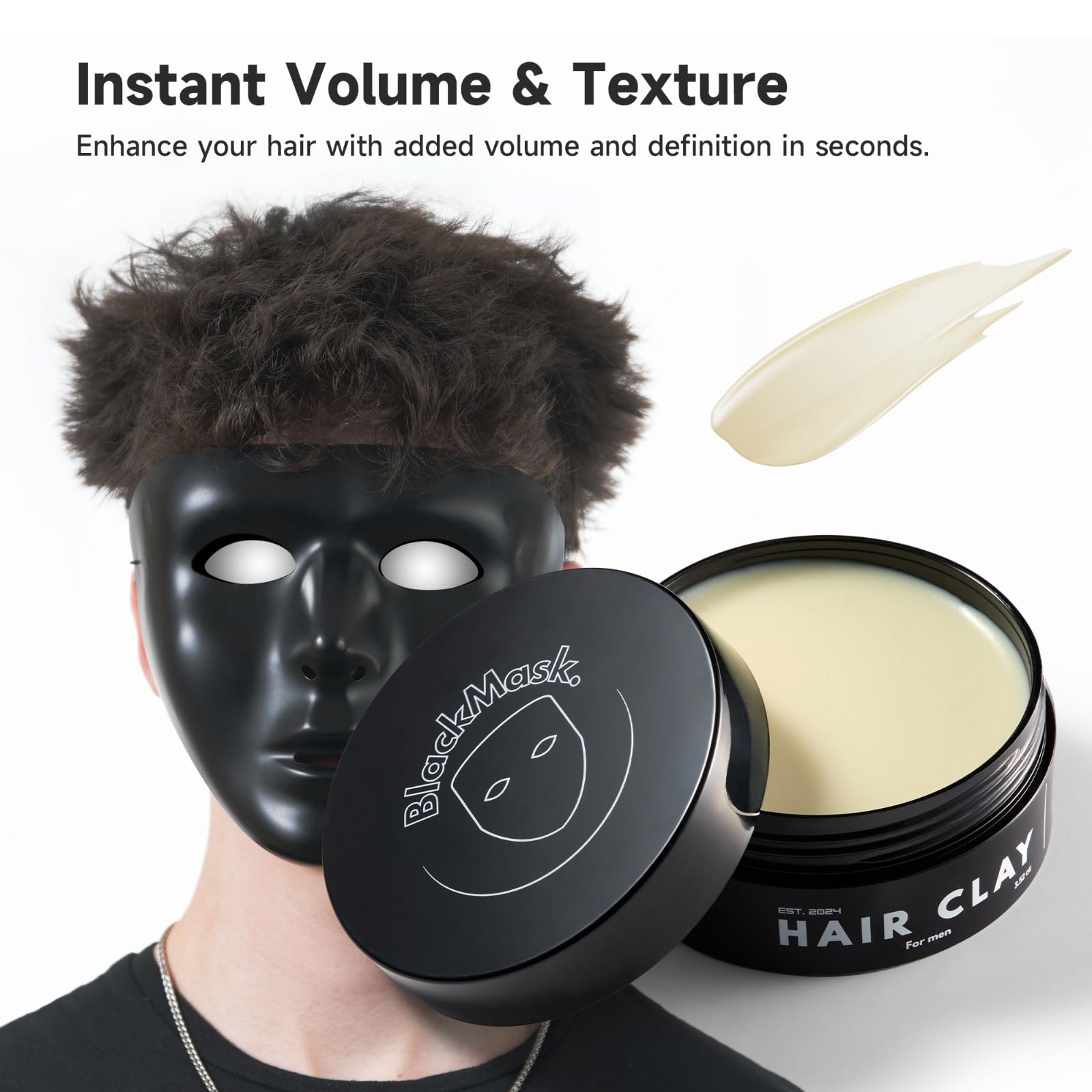 BlackMask Hair Clay model demonstrates dense, controlled styling with strong hold.
