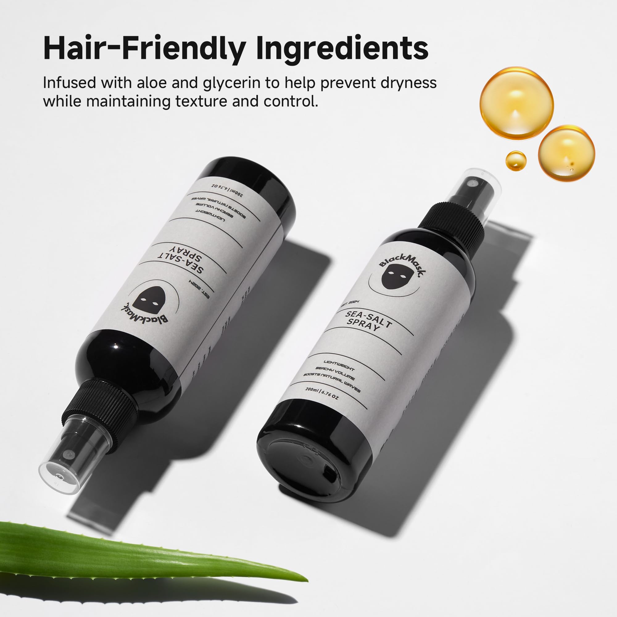 Lifestyle shot featuring BlackMask sea salt spray for all hair types.