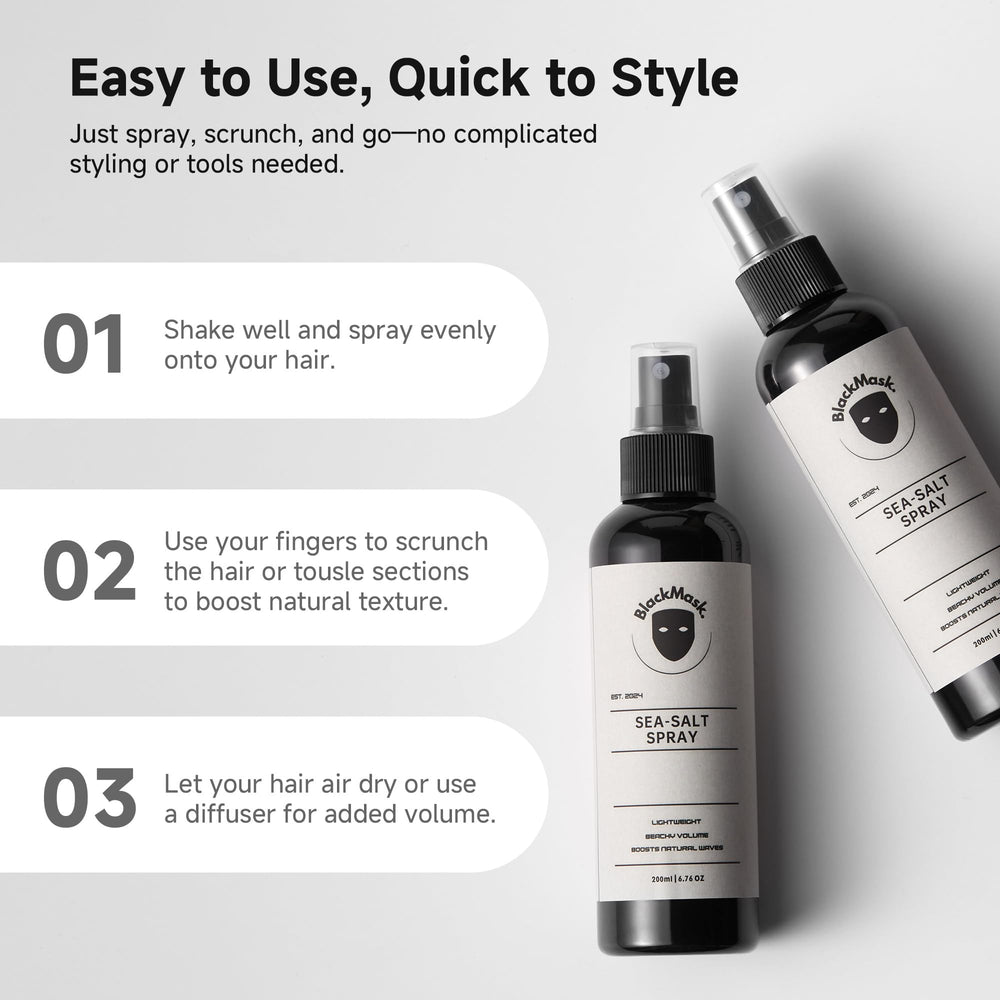 Product shot of BlackMask sea salt spray on a bathroom shelf.
