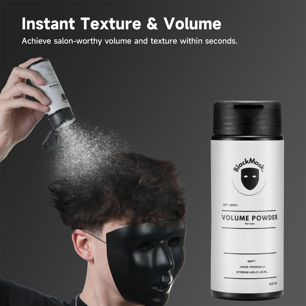 BlackMask Texture Powder on hair part shows fuller, thicker-looking style.