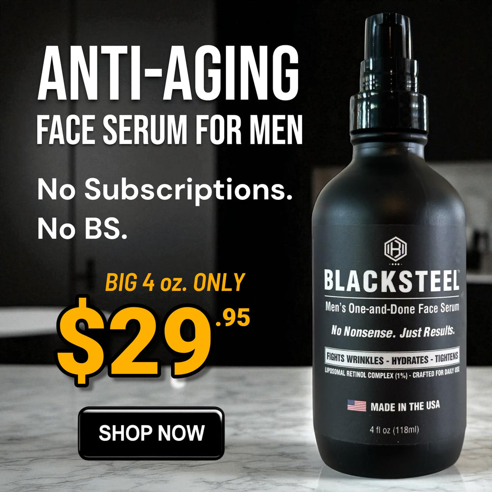 BLACKSTEEL fast-absorbing, non-greasy texture applied to skin for quick results.