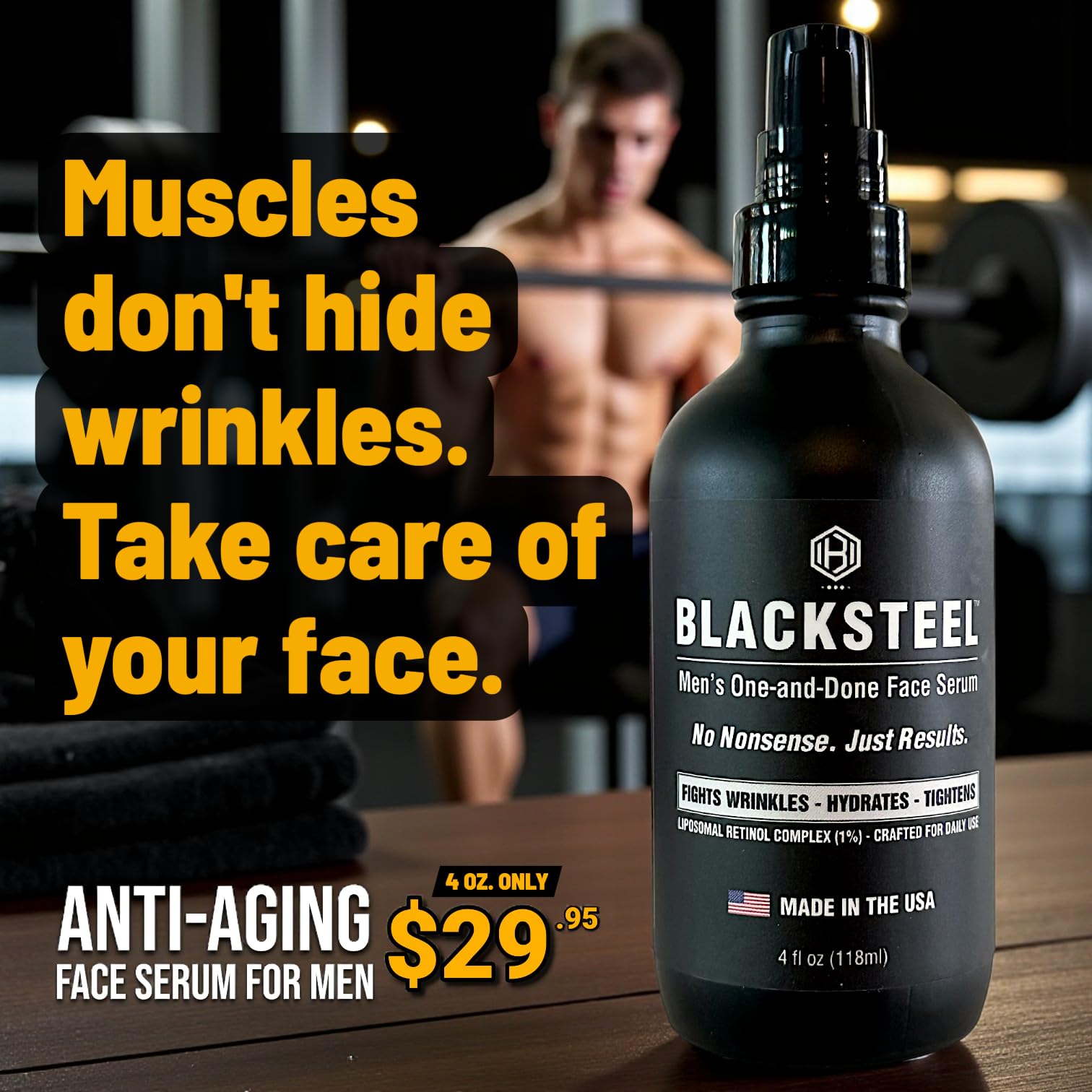 BLACKSTEEL made-in-USA matte-black bottle signaling premium small-batch skincare.