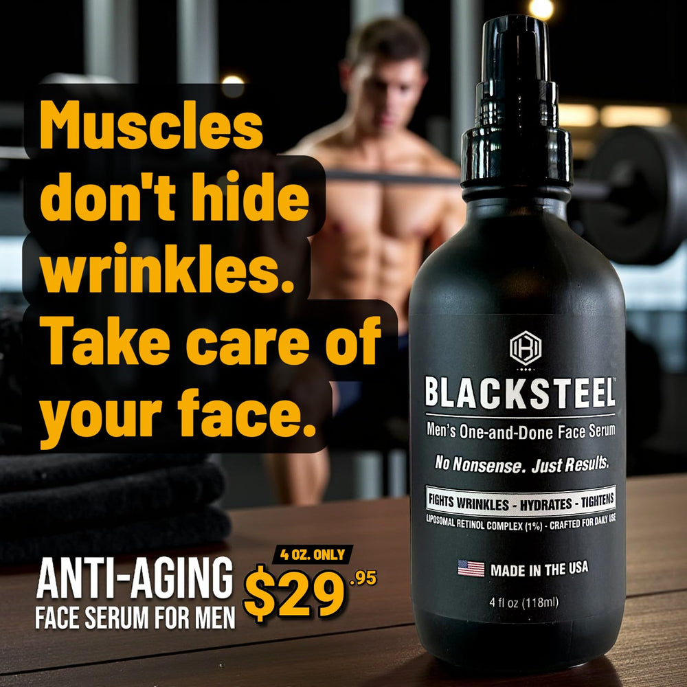 BLACKSTEEL made-in-USA matte-black bottle signaling premium small-batch skincare.