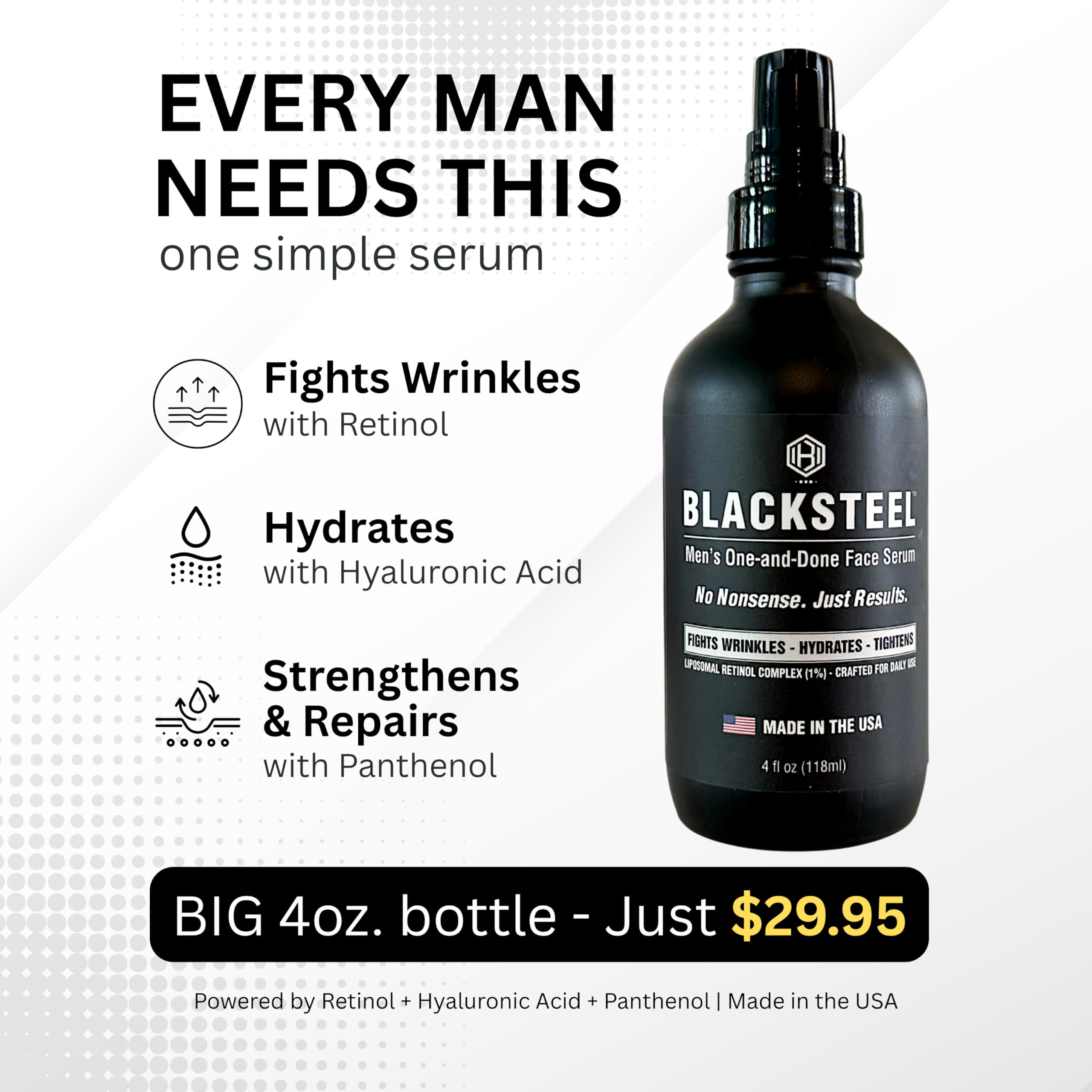 BLACKSTEEL men applying serum to morning routine for streamlined care.