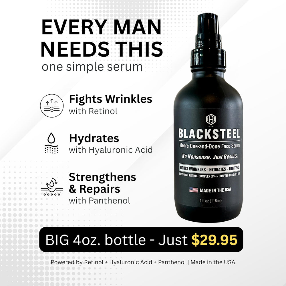 BLACKSTEEL men applying serum to morning routine for streamlined care.