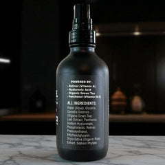 BLACKSTEEL serum featuring panthenol and green tea for soothing irritation and protection.
