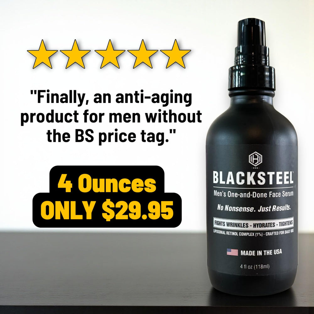 BLACKSTEEL serum with retinol and hyaluronic acid promises smoother wrinkles and hydration.