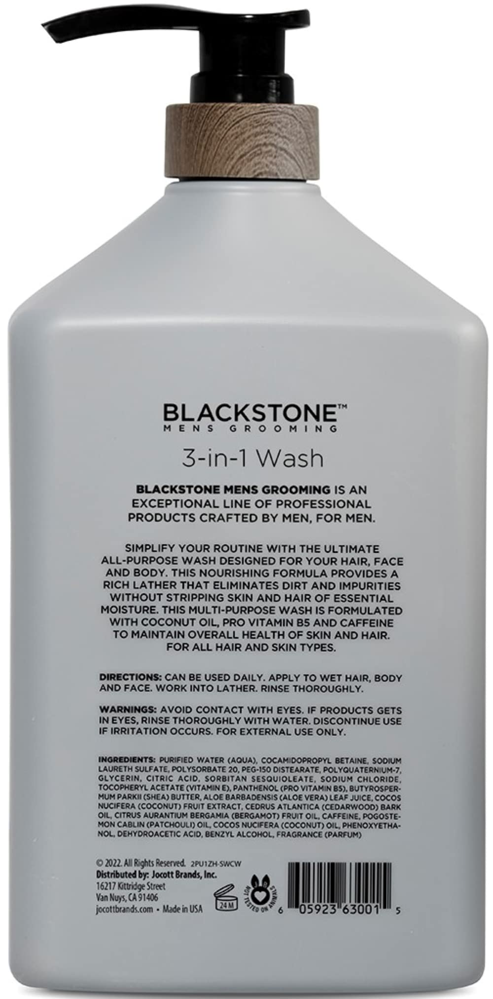 Blackstone 3-in-1 wash sandalwood packaging highlights coconut oil and vitamin B5 formula