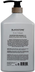 Blackstone 3-in-1 wash sandalwood packaging highlights coconut oil and vitamin B5 formula