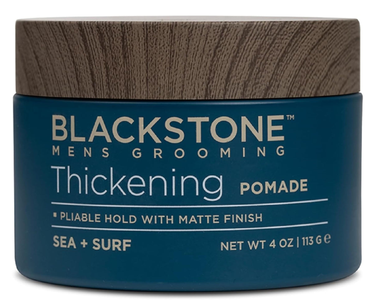 Blackstone men's grooming pomade bottle showing thickening action for fuller, textured styling.