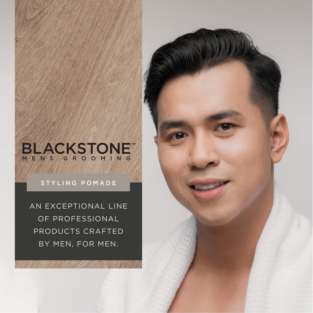 Blackstone pomade ingredients label highlights hempseed and caffeine benefits.