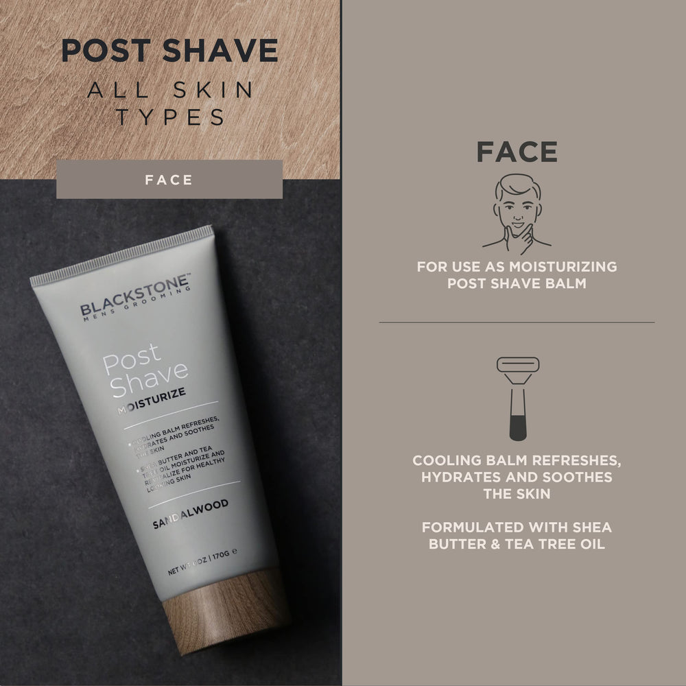 Blackstone post-shave moisturizer-aloe-soothing-gel offers cooling relief for sensitive skin.