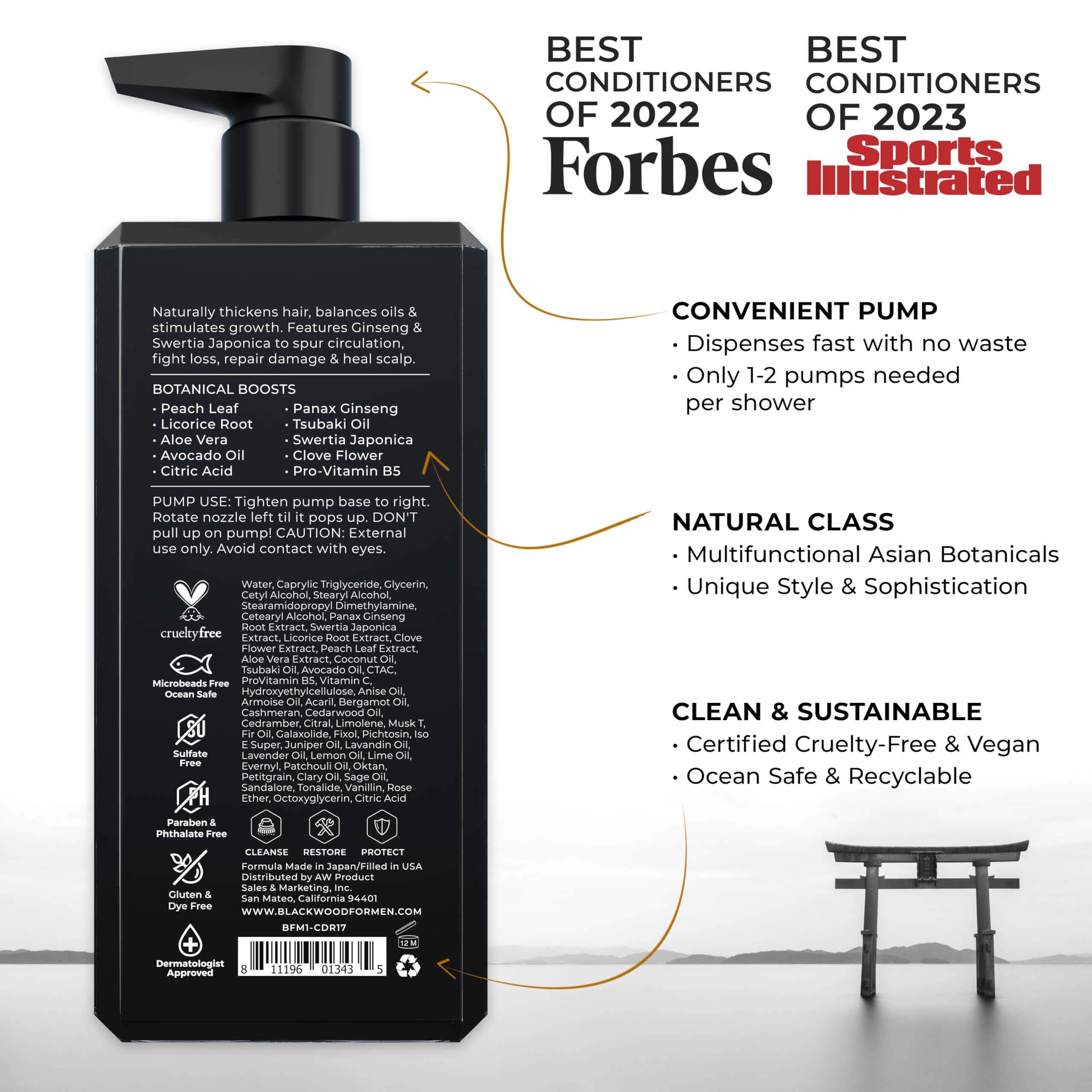 Blackwood For Men Active Man Daily Conditioner label closeup highlights sulfate-free, vegan formula.