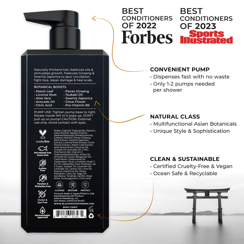 Blackwood For Men Active Man Daily Conditioner label closeup highlights sulfate-free, vegan formula.
