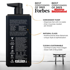 Blackwood For Men Active Man Daily Conditioner label closeup highlights sulfate-free, vegan formula.