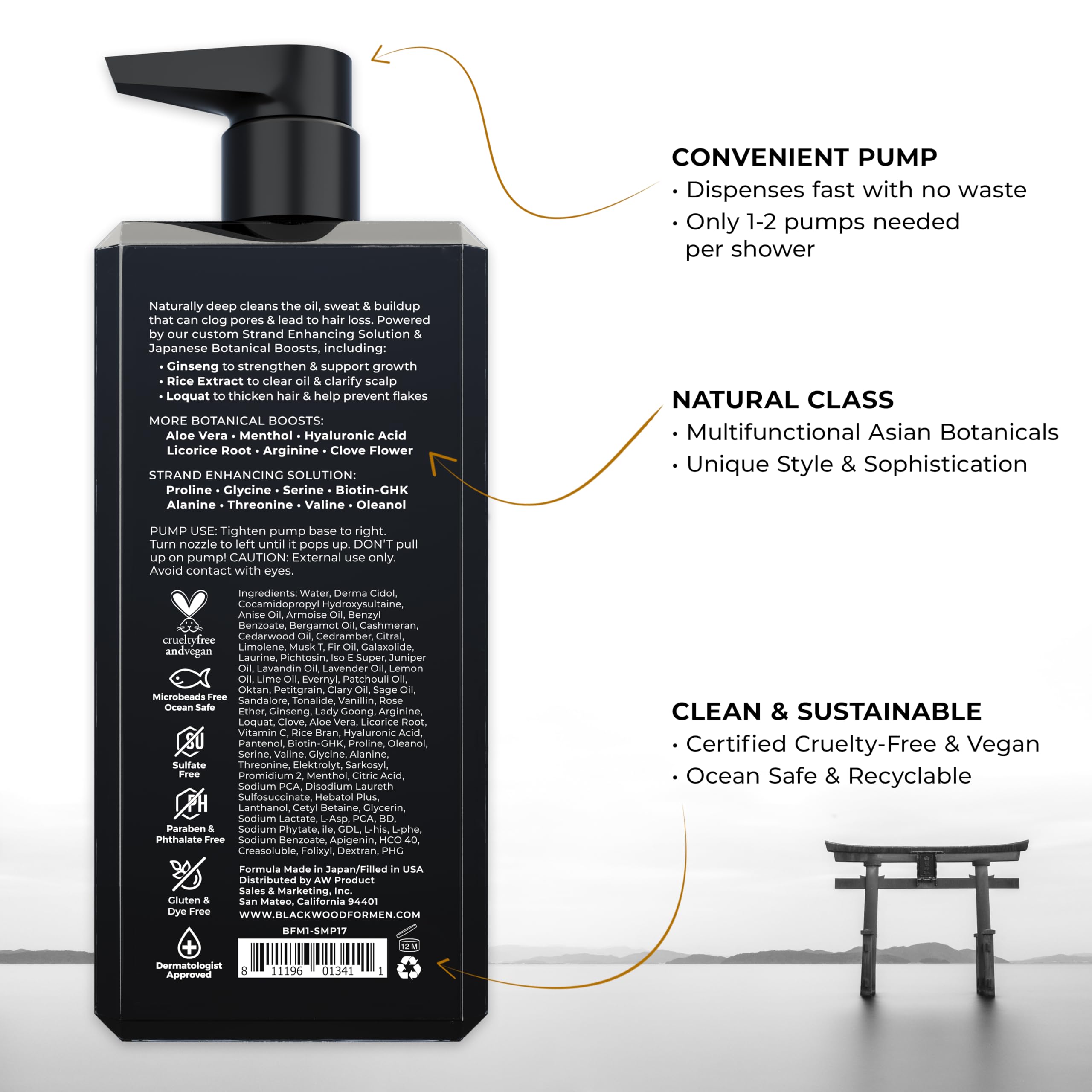 Close-up of Blackwood For Men shampoo bottle showcasing vegan, sulfate-free formula