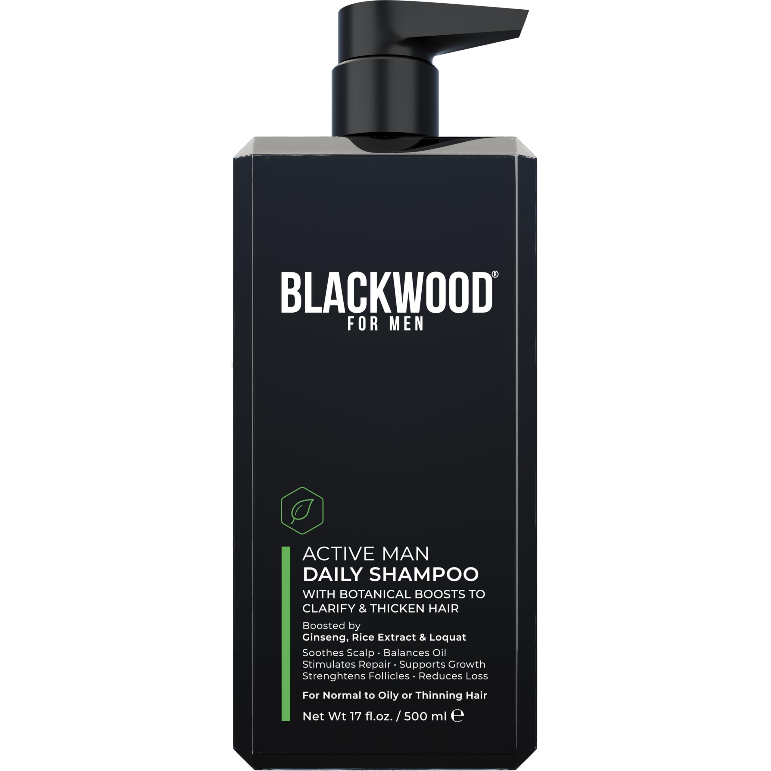 Blackwood For Men Active Man Daily Shampoo bottle pouring highlights oil control and thickening benefits