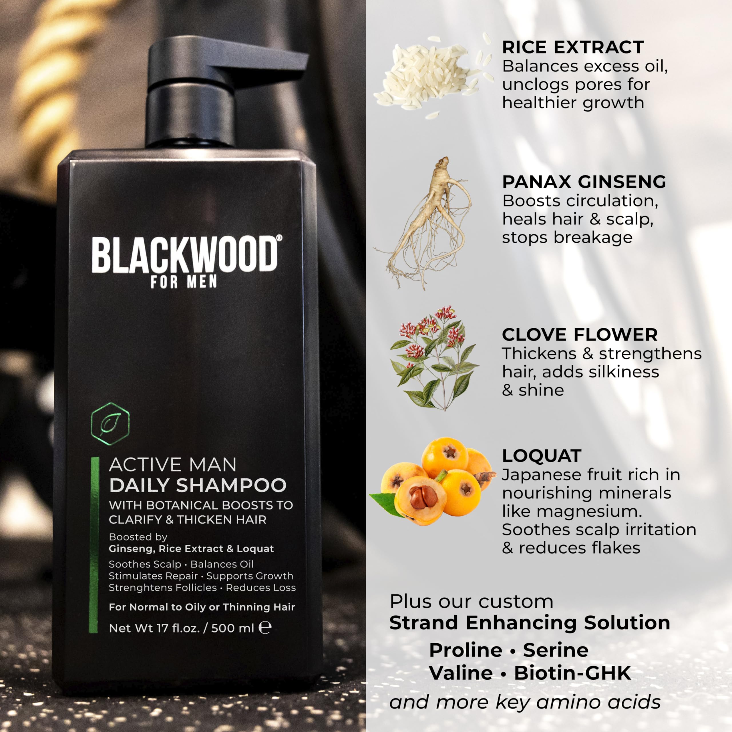Sulfate-free vegan Blackwood For Men Daily Shampoo emphasizes gentle cleansing