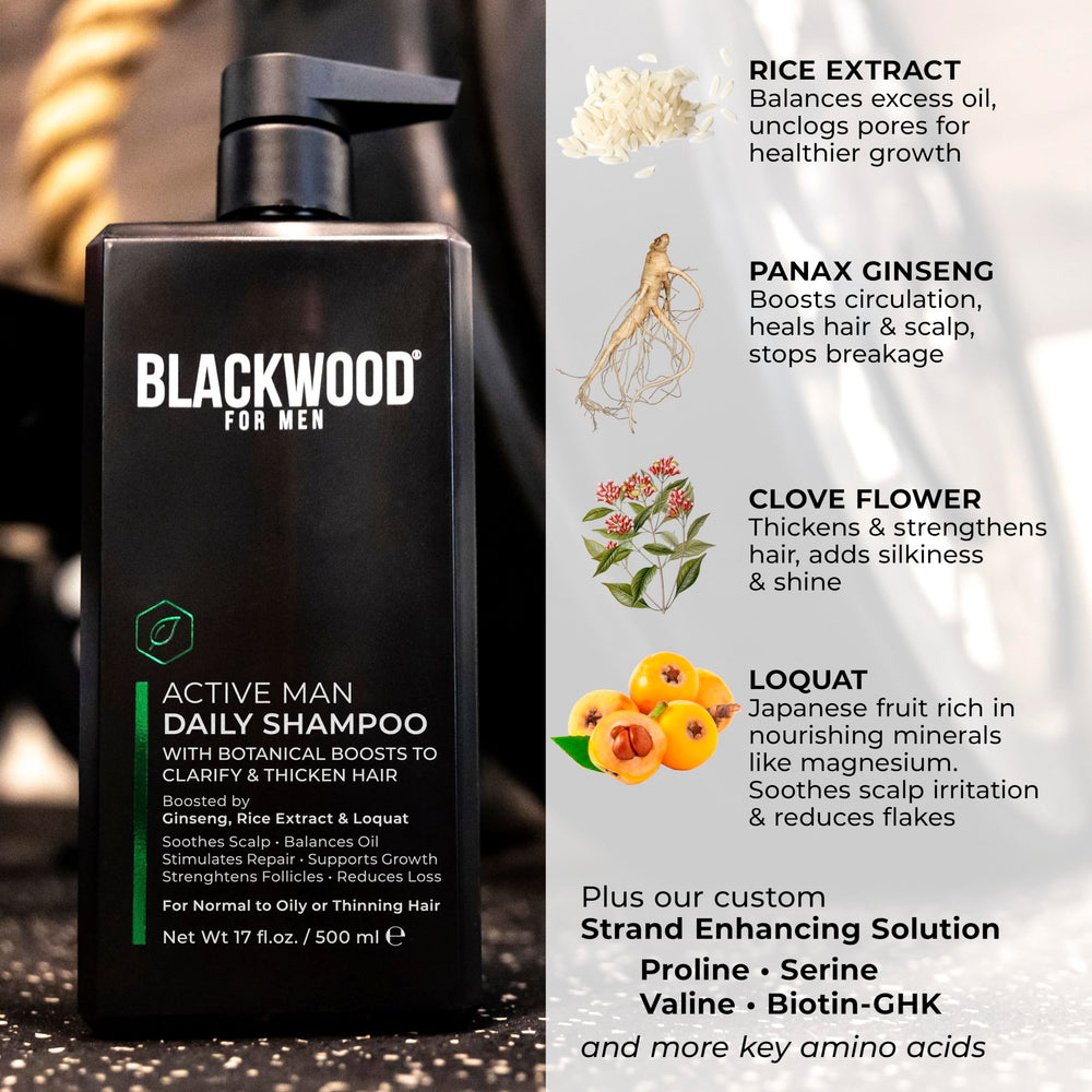 Sulfate-free vegan Blackwood For Men Daily Shampoo emphasizes gentle cleansing