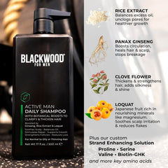 Sulfate-free vegan Blackwood For Men Daily Shampoo emphasizes gentle cleansing