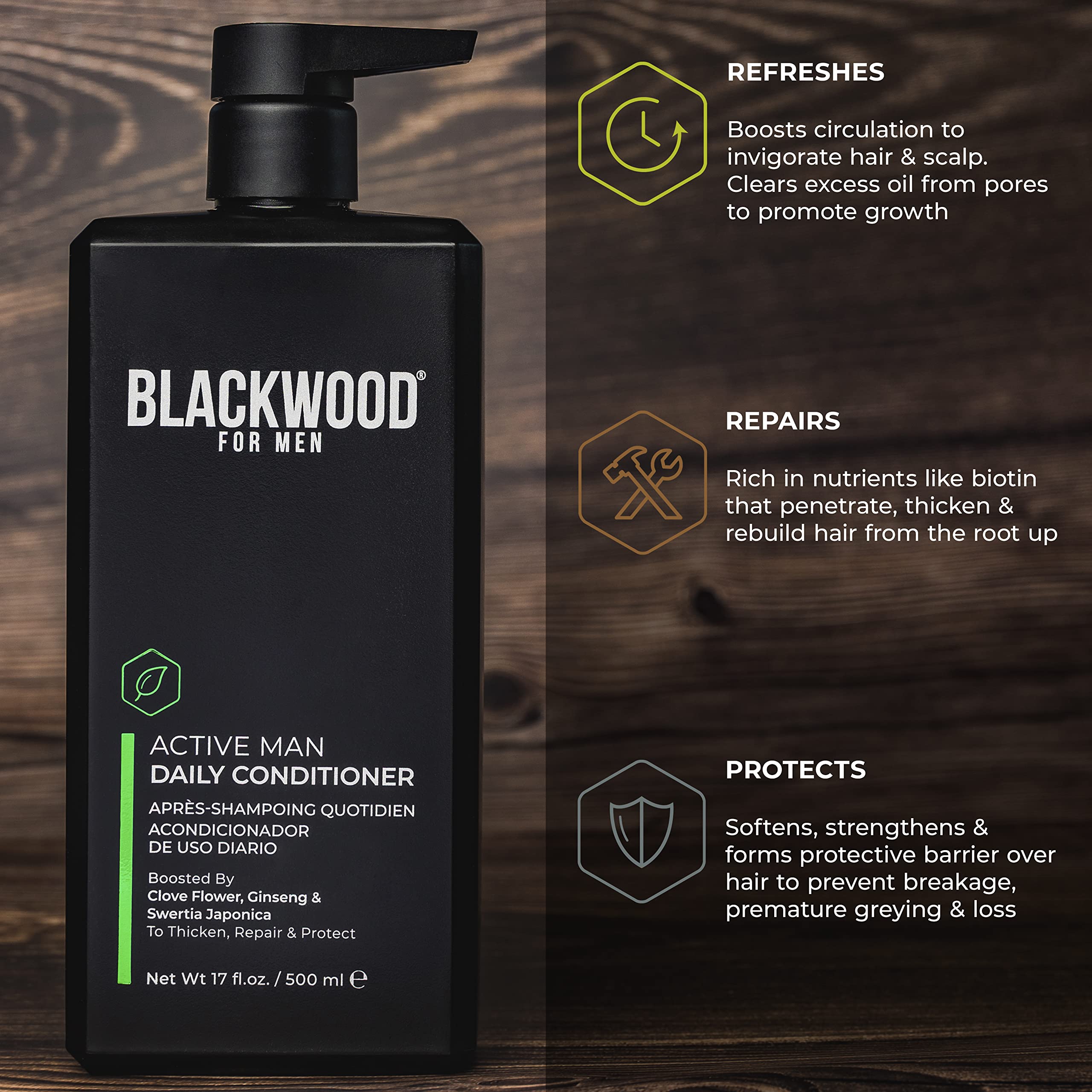 Blackwood For Men Botanical boosts Japanese ingredients closeup showcase nourishing scalp support.
