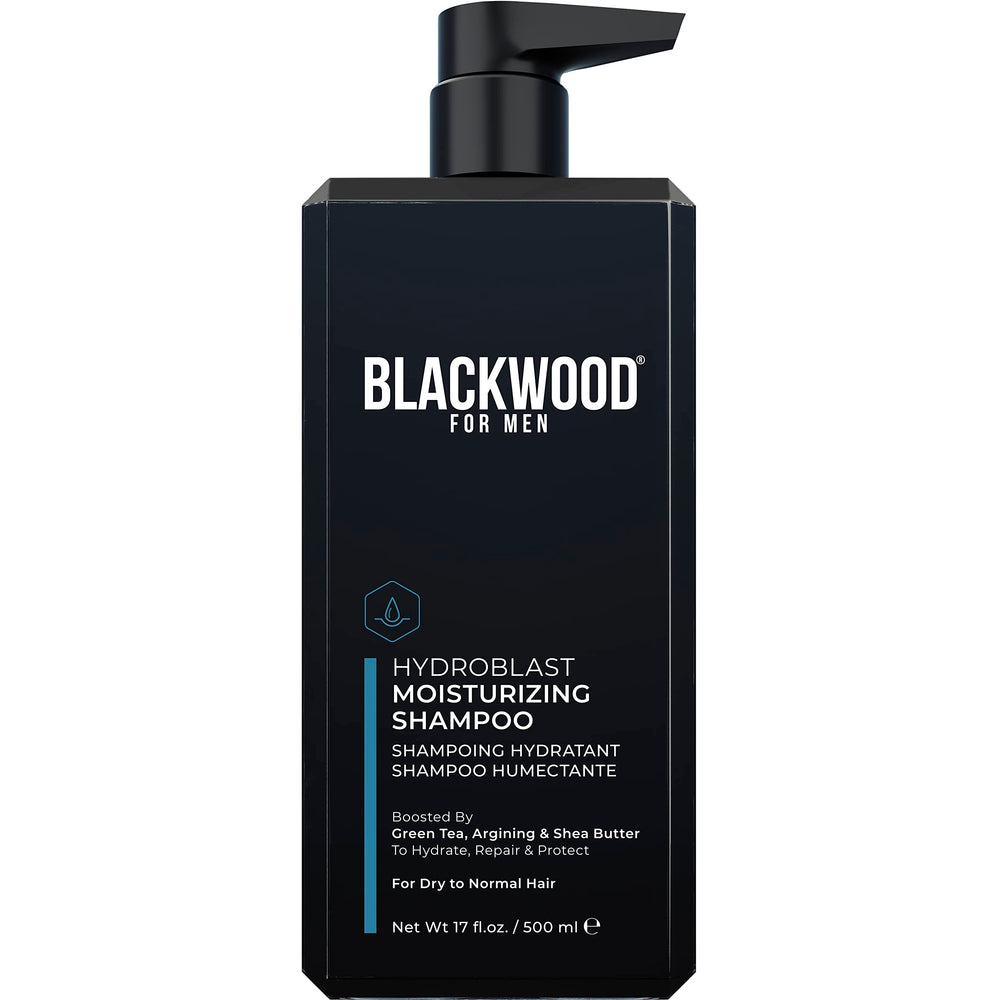Blackwood For Men Hydroblast bottle-front emphasizes a hydrating cleanse for dry, coarse hair