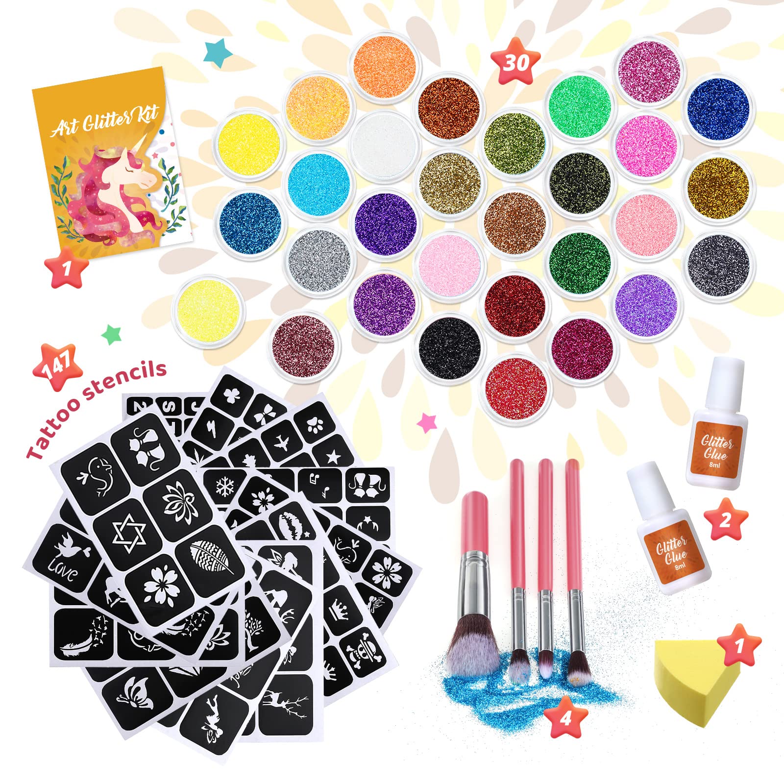 Bledras 30 colors glitter powder provides vivid shimmer for fun body art.