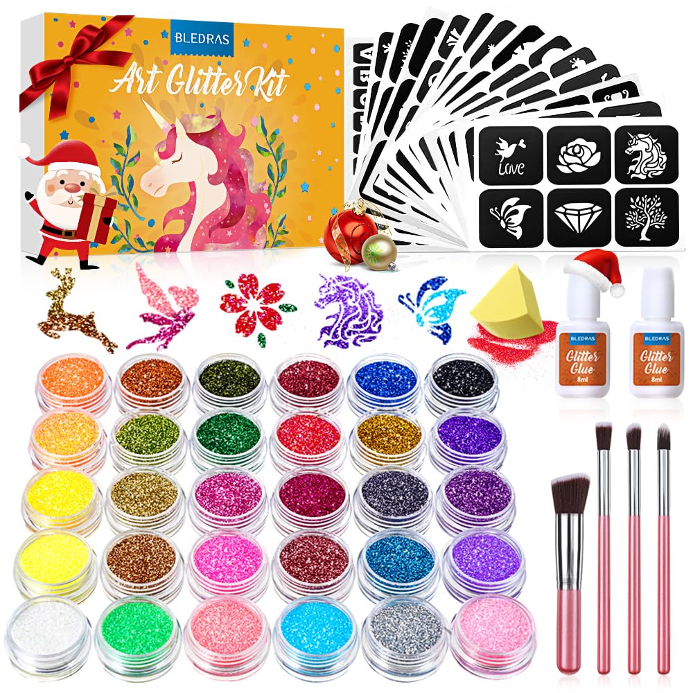 Bledras glitter tattoo kit box showing vibrant contents for creative party looks.