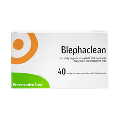 Blephaclean 40 sterile eyelid wipes in packaging for quick, sterile application on sensitive eyelids.