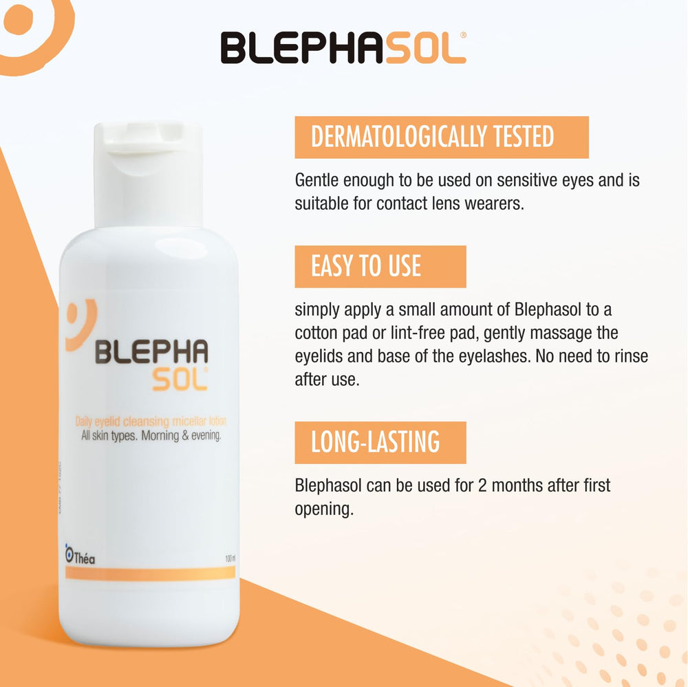 Blephasol no-rinse usage indicates quick, residue-free cleansing.