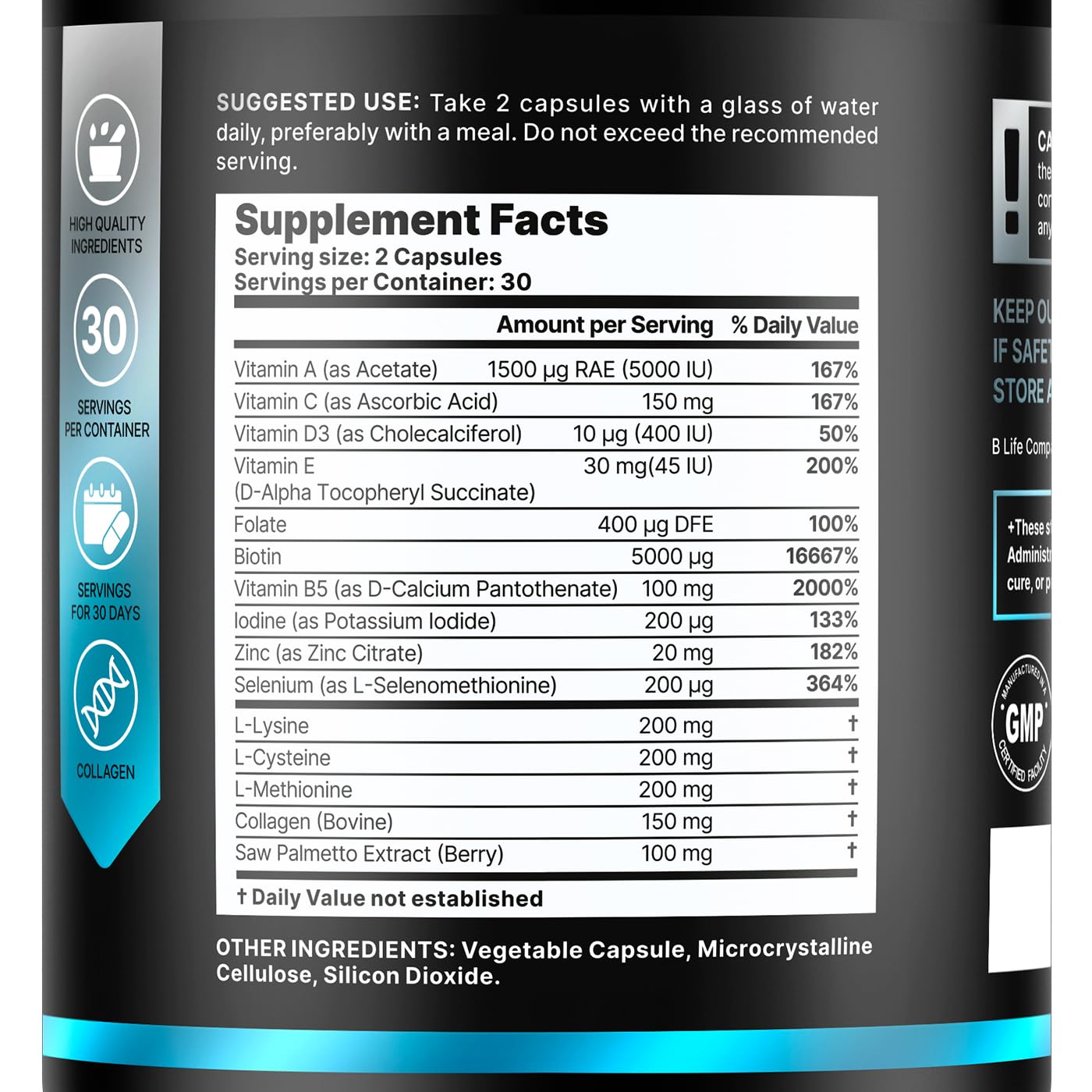 B Life Company Men’s Hair Growth bottle back reveals dosage and usage details.