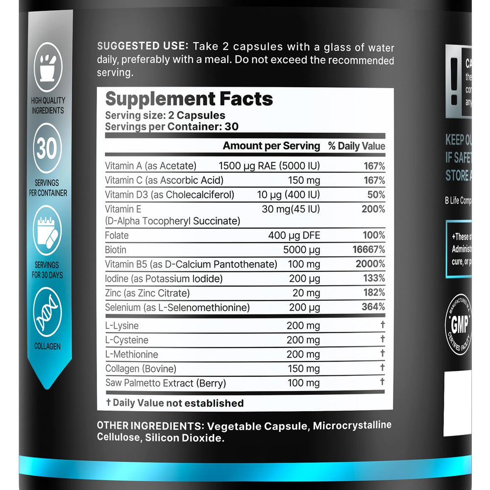 B Life Company Men’s Hair Growth bottle back reveals dosage and usage details.