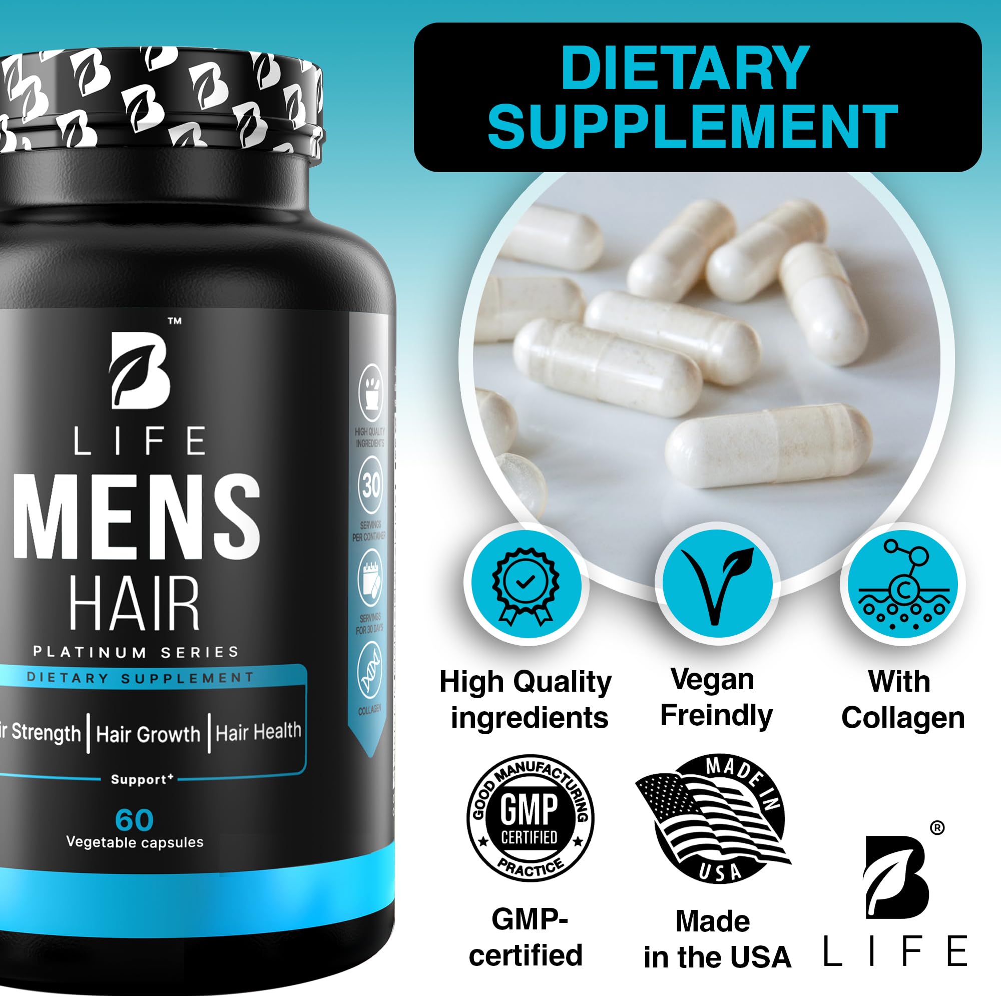 B Life Company Men’s Hair Growth in hand conveys easy daily hair support.