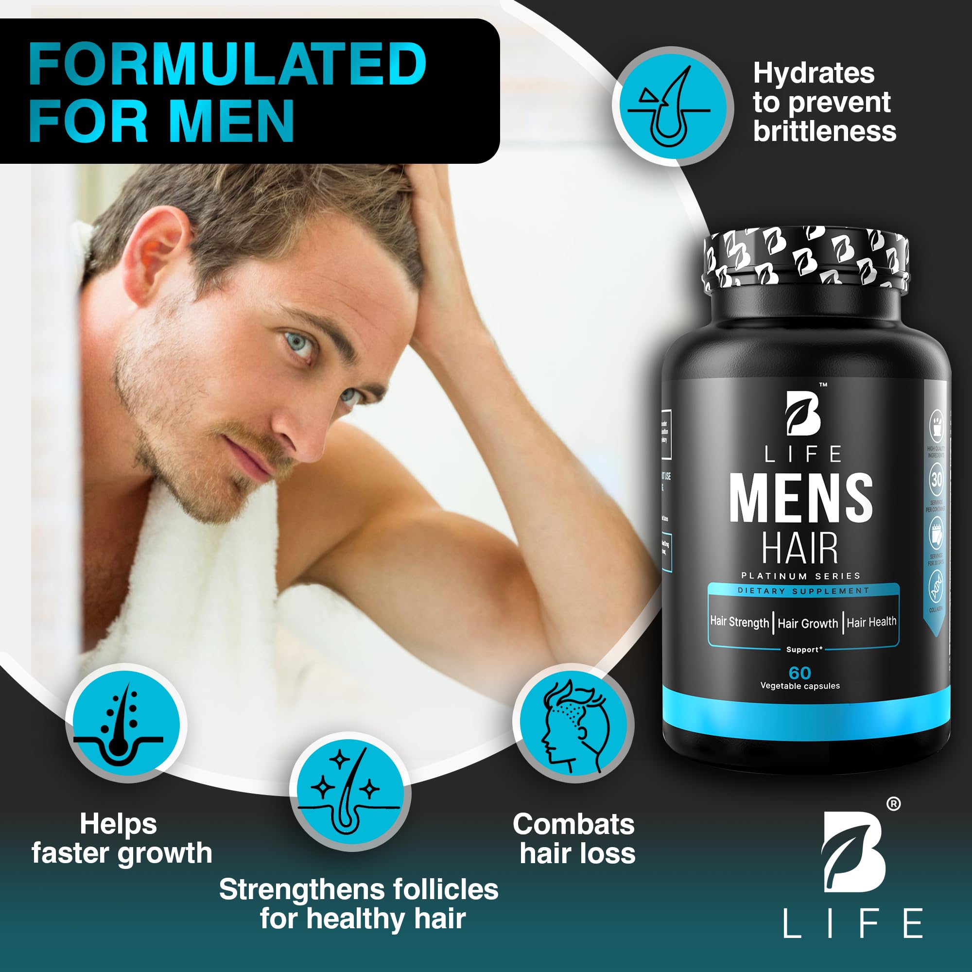B Life Company Men’s Hair Growth label closeup emphasizes non-GMO and gluten-free quality.