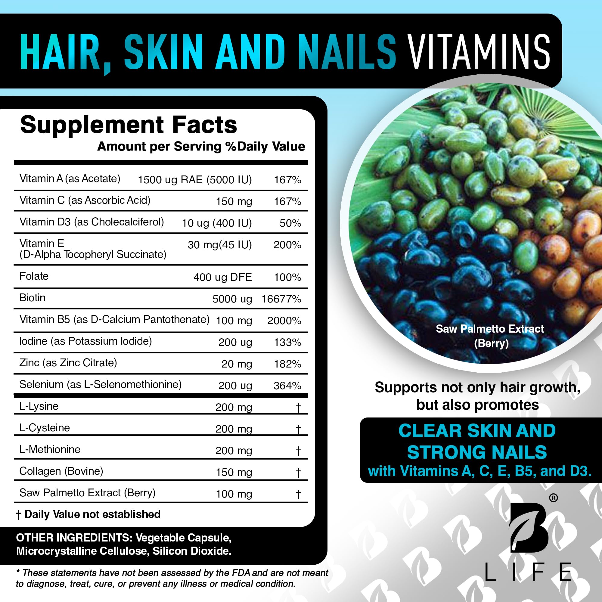 B Life Company Men’s Hair Growth nutrition label highlights vitamins and minerals included.