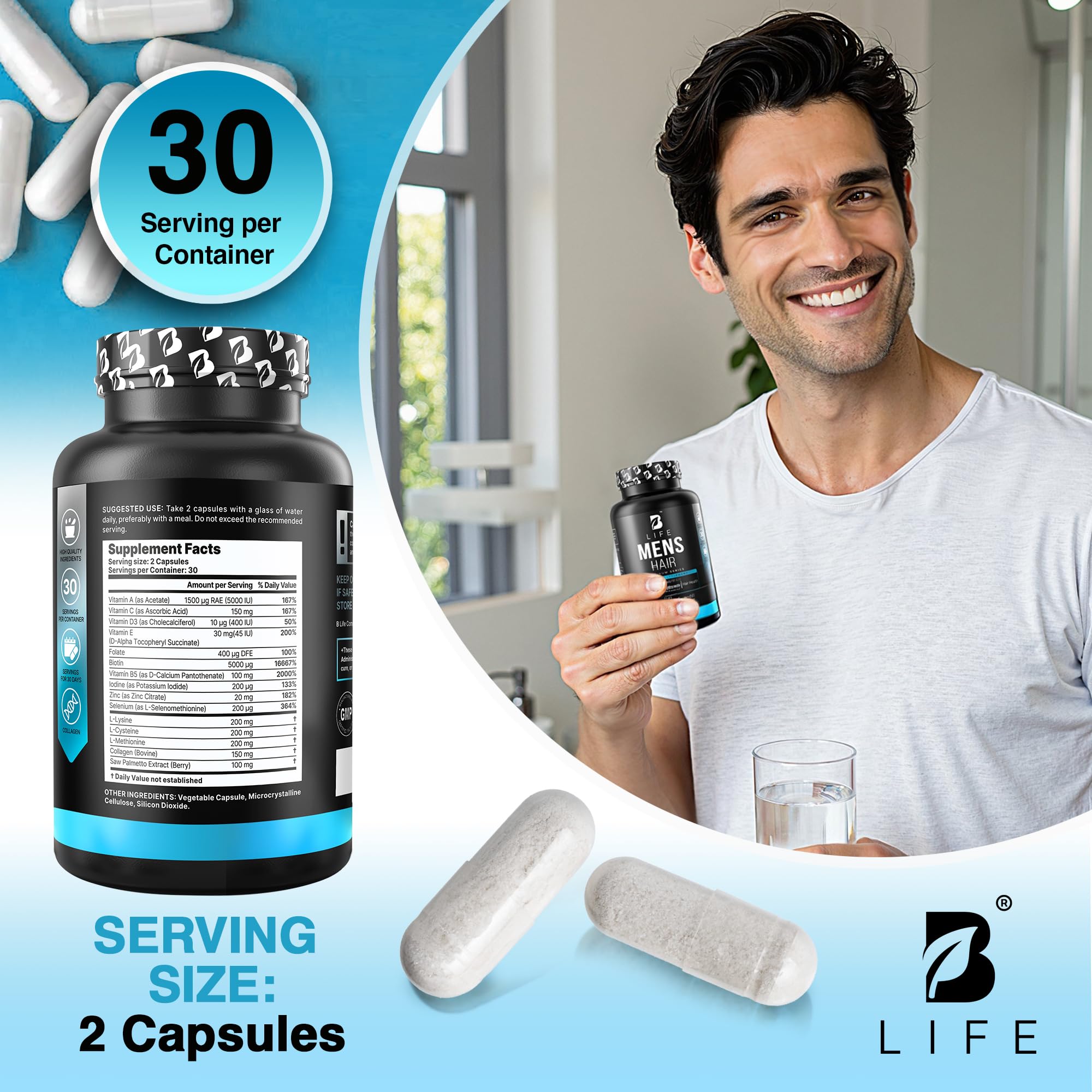 B Life Company Men’s Hair Growth package shot communicates USA-made, GMP-certified quality.