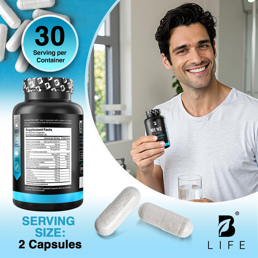 B Life Company Men’s Hair Growth package shot communicates USA-made, GMP-certified quality.