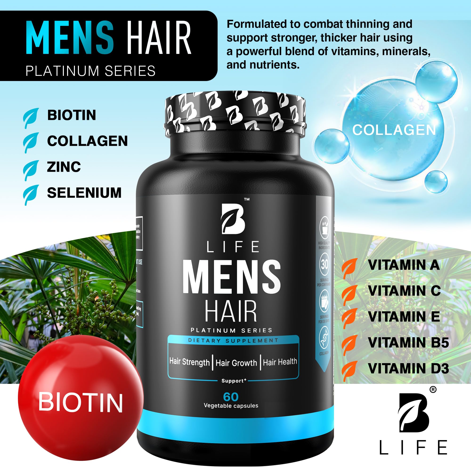 B Life Company Men’s Hair Growth serving size demonstrates two capsules daily for a 30-day plan.