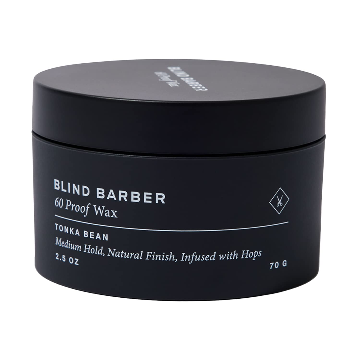 Blind Barber 60 Proof Hair Wax jar close-up shows medium hold and subtle shine.