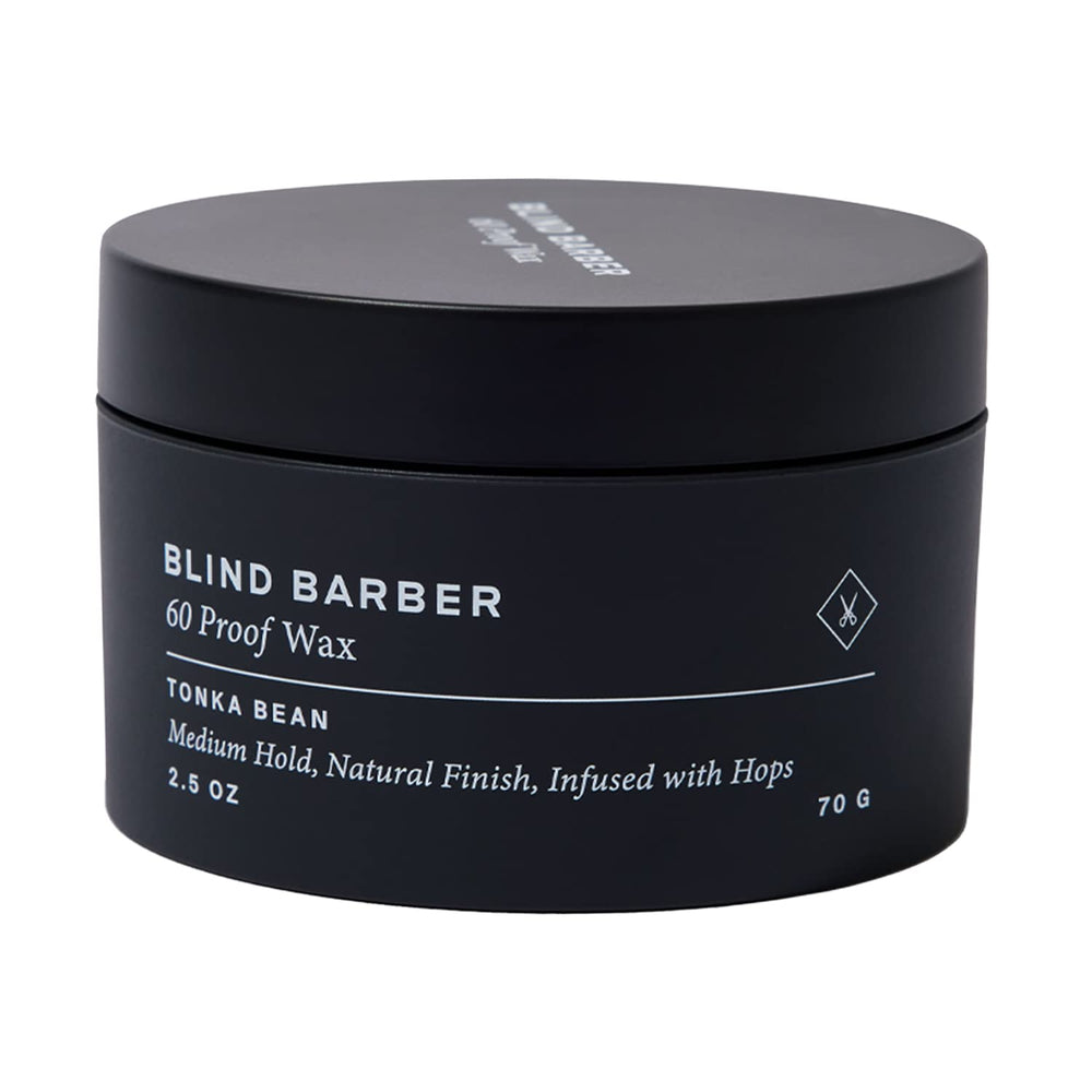Blind Barber 60 Proof Hair Wax jar close-up shows medium hold and subtle shine.