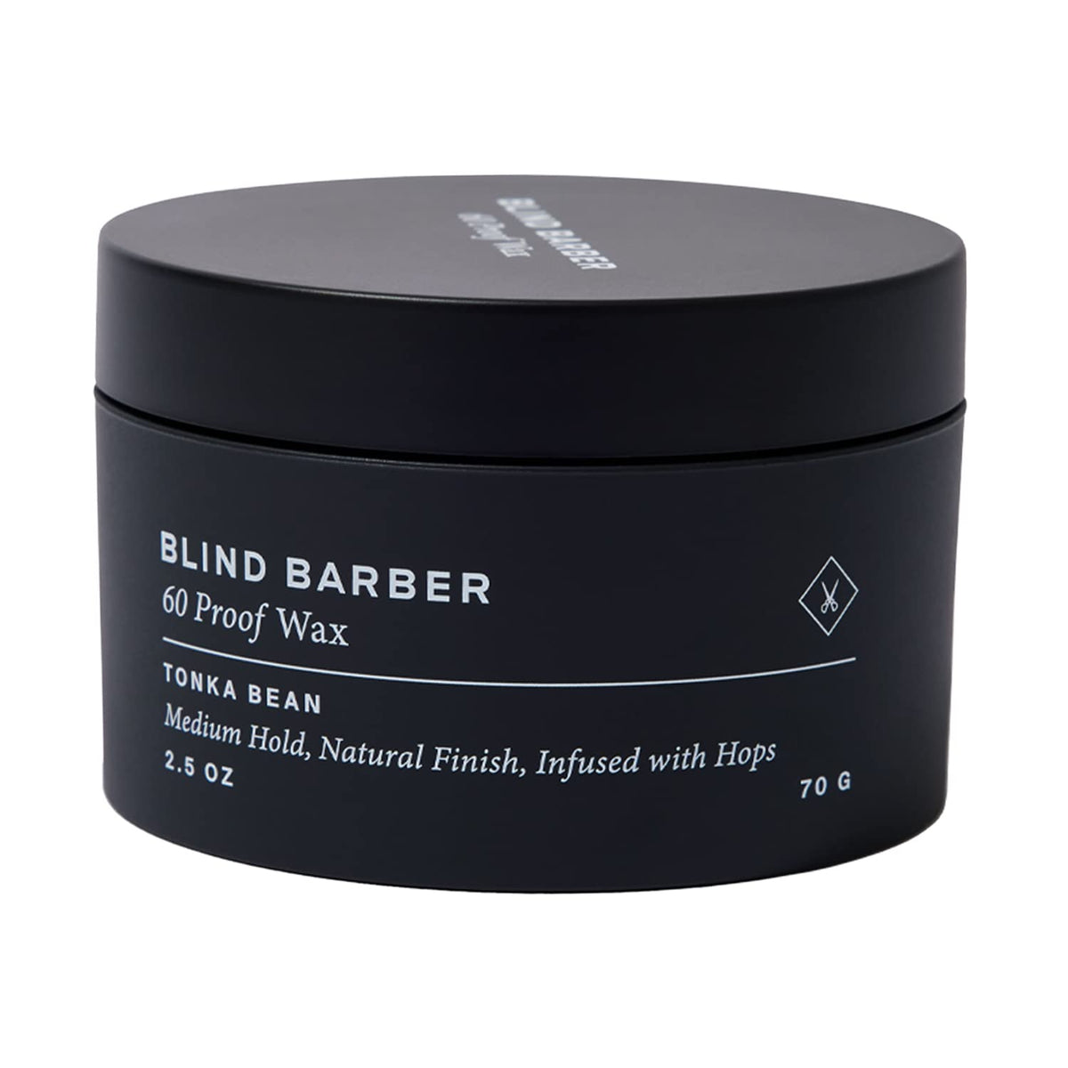 Blind Barber 60 Proof Hair Wax jar close-up shows medium hold and subtle shine.