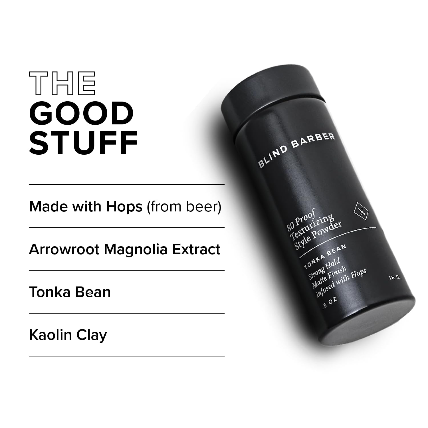 Blind Barber 80 Proof powder on hair for a matte no-shine look.